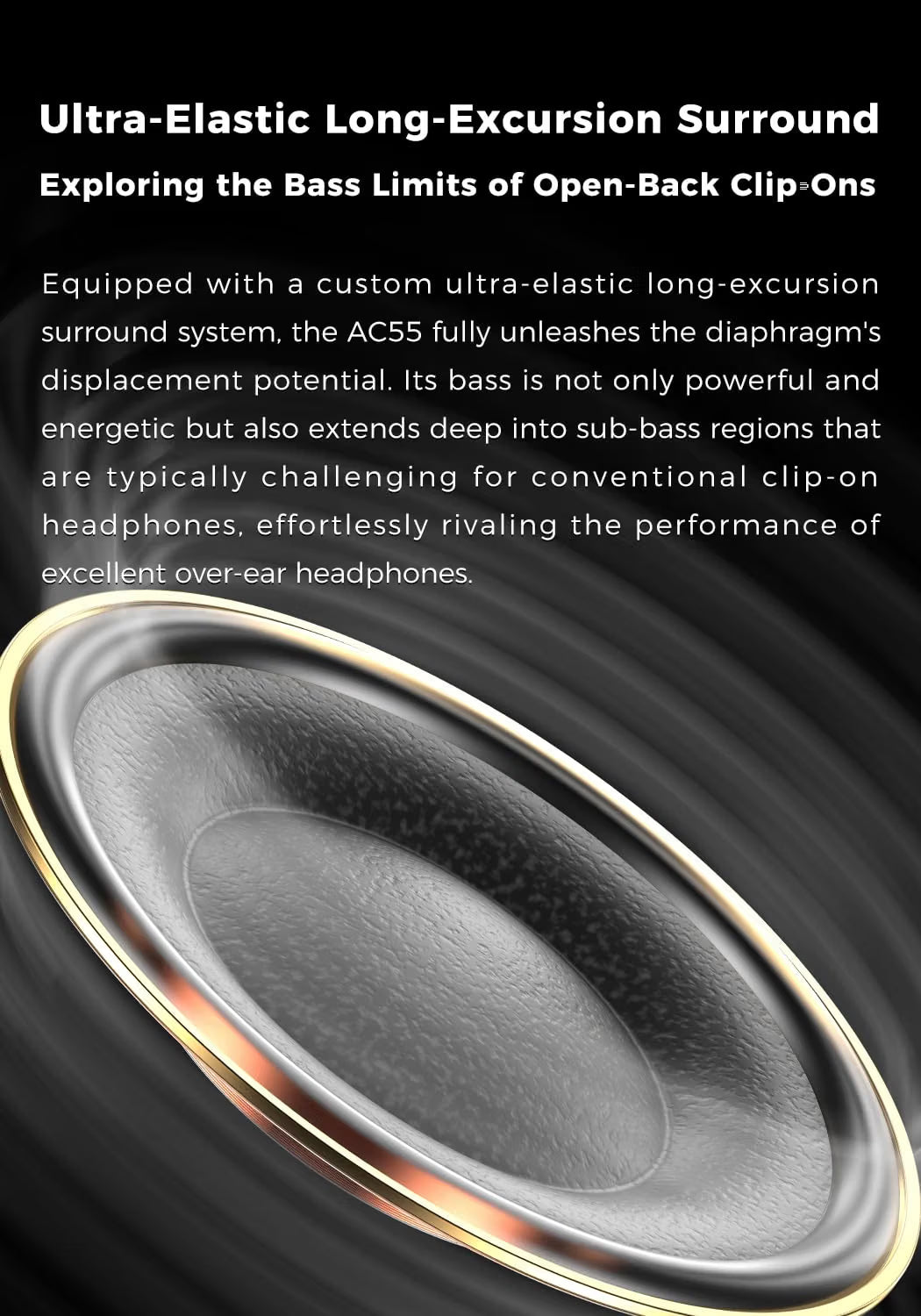 Close-up of a speaker driver with text about ultra-elastic long-excitation surround system.