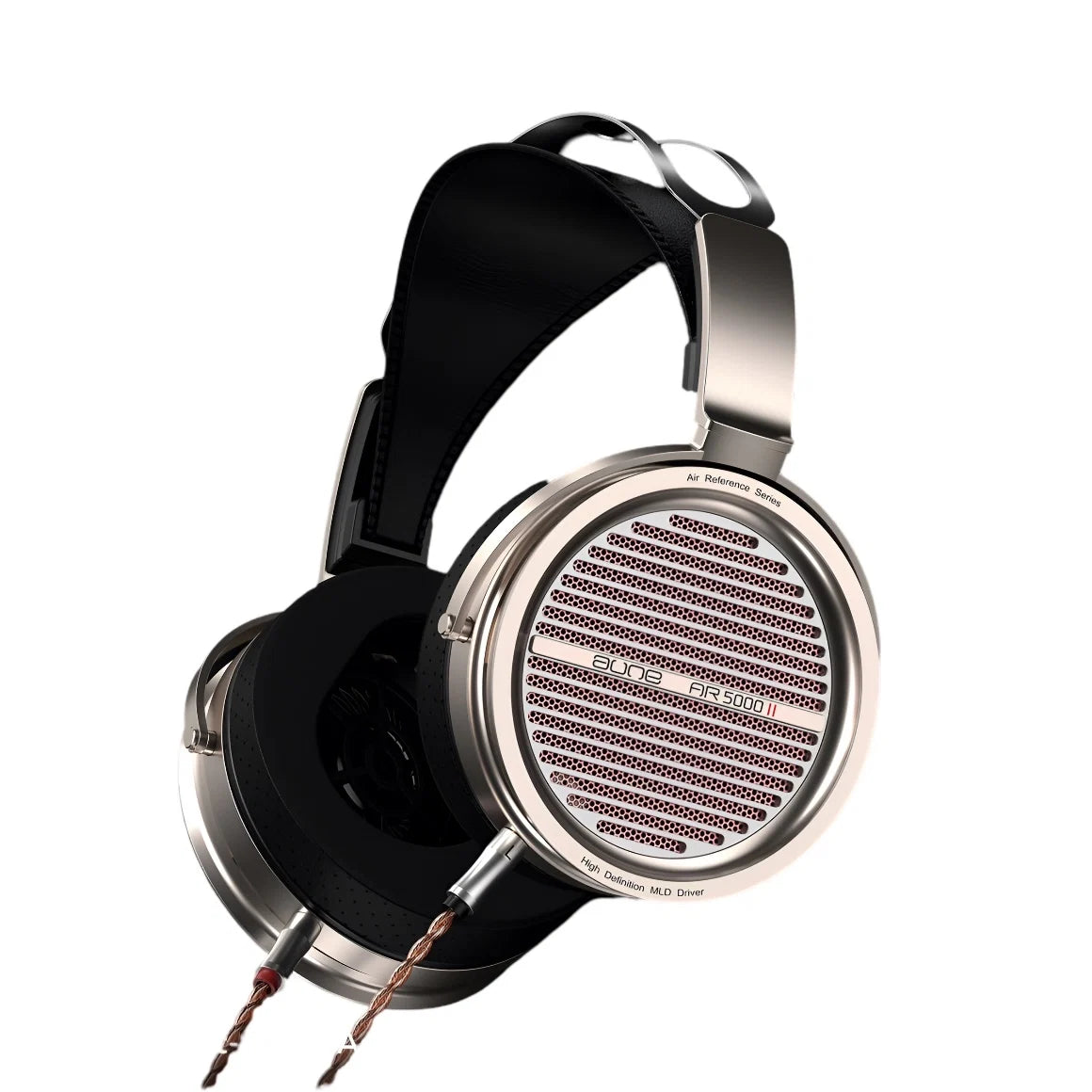 High-fidelity headphones with metallic grille and black headband on a white background