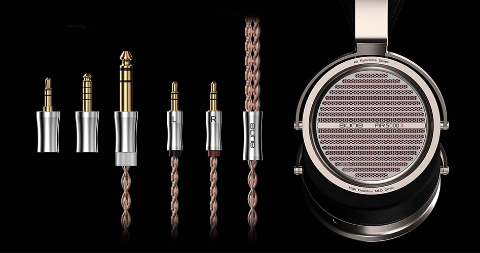 A close-up studio product shot of the aune ar 5000MKII over-ear headphones on a black background, with several audio plug adapter views shown along the left side. The product appears to be a wired headphone cable and earcup in metallic silver and rose-gold/copper tones, with a dark mesh grille and black outer housing.