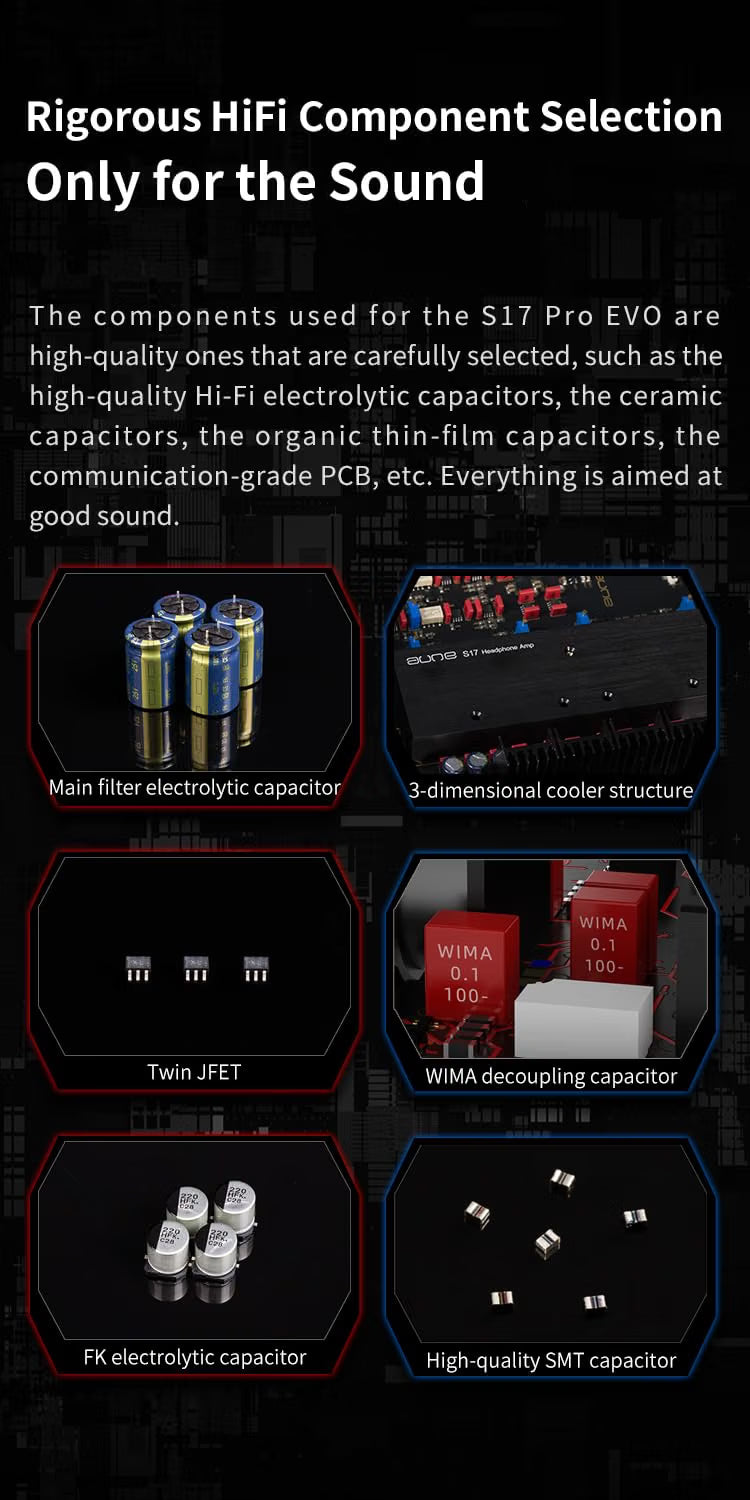 Advertisement for high-quality aune s17 pro evo HIFI components used in a product, with text and images of capacitors and PCBs.