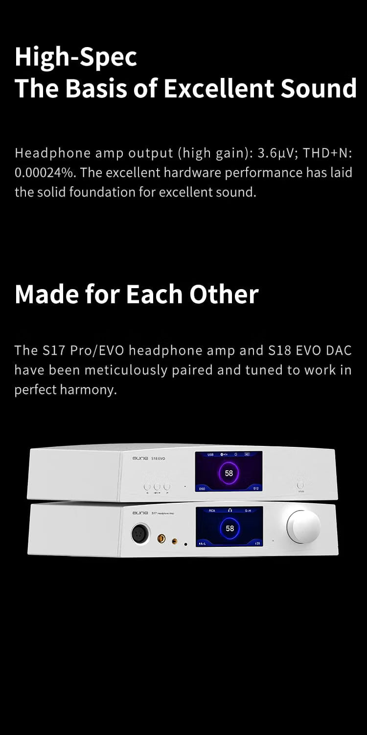 Promotional graphic on a black background with white text reading 'High-Spec The Basis of Excellent Sound' and 'Made for Each Other,' above a stacked product photo of a white audio device shown from front and back.