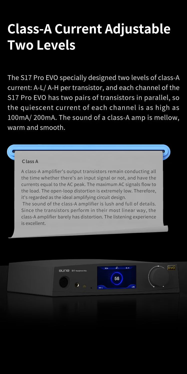 Audio amplifier with digital display and text about Class-A current adjustment on a black background