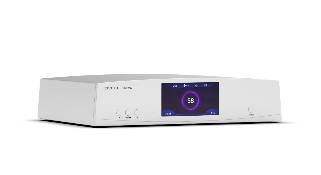 Aune S18 Evo DAC silver digital-to-analog converter with blue screen and front controls