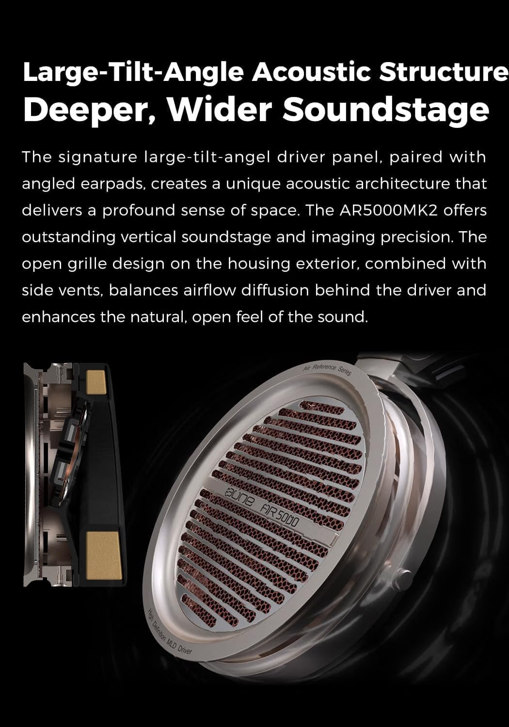 Promotional product graphic for an aune ar56000MKII headphone speaker driver panel on a black background, with large white headline text at the top and a close-up photo of the round silver speaker assembly with internal grille and earpad details.