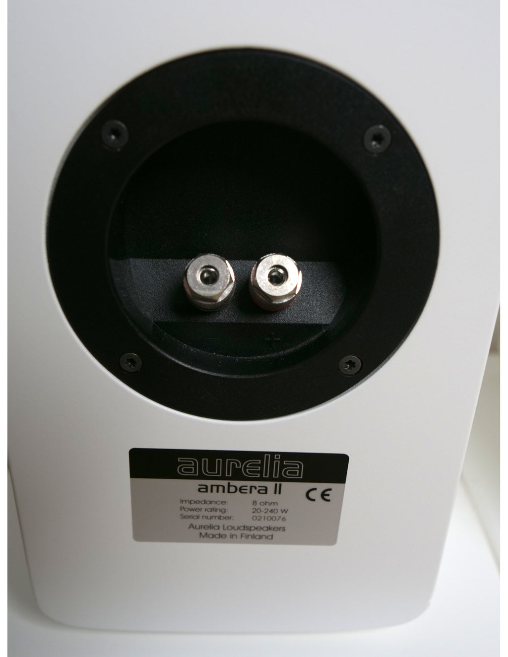 Satin white loudspeaker terminals panel with two metal binding posts