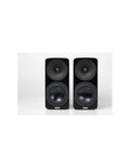 Pair of standmount loudspeakers with black front grilles and visible tweeters and woofers