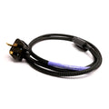 Black Rhodium mains power cable with a plug on a white background