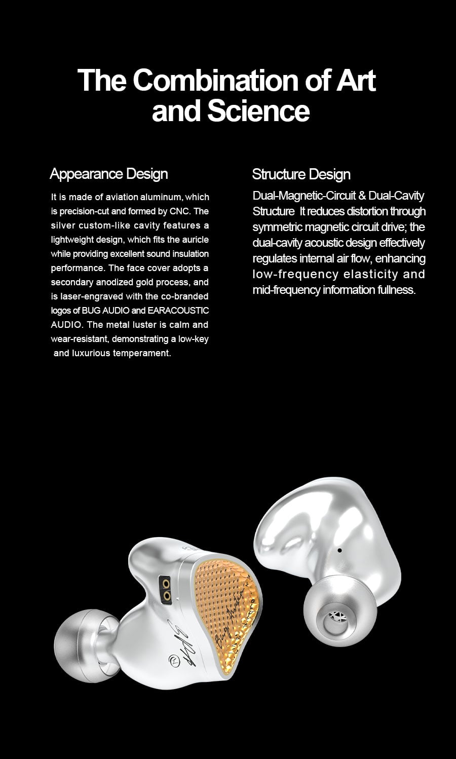 A pair of silver in-ear wireless earbuds with gold mesh accents, shown on a black background with descriptive text about their appearance and structure.