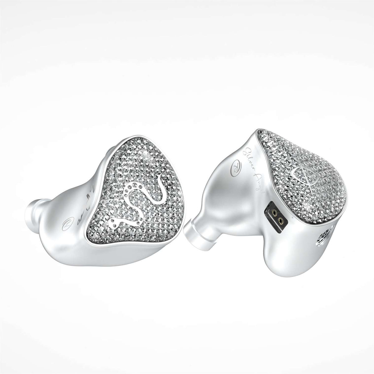 Silver-tone wireless earbuds with heart-shaped glitter face and white silicone tips