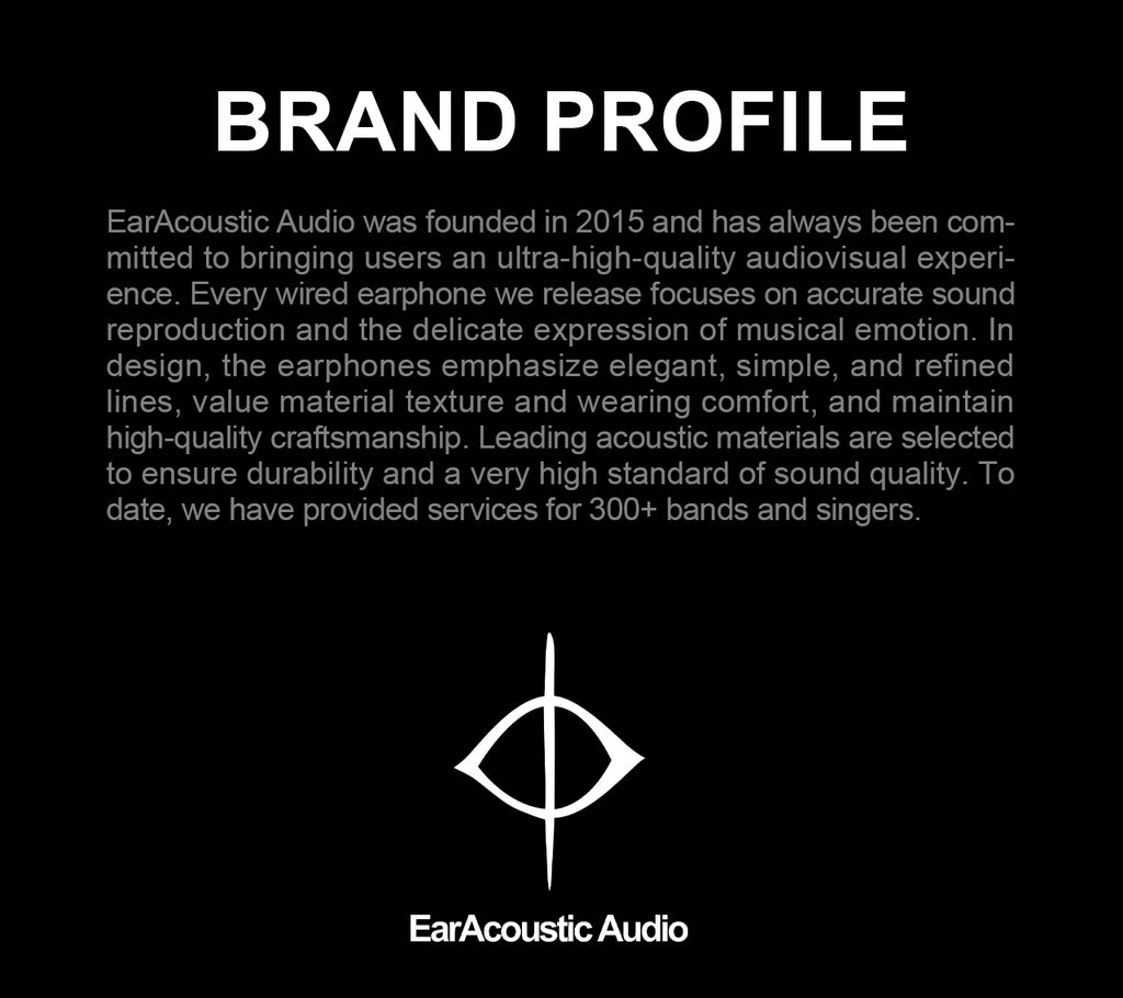 A black graphic with large white text reading 'BRAND PROFILE' above a paragraph of descriptive copy for EarAcoustic Audio, plus the brand name and a stylized logo near the bottom.