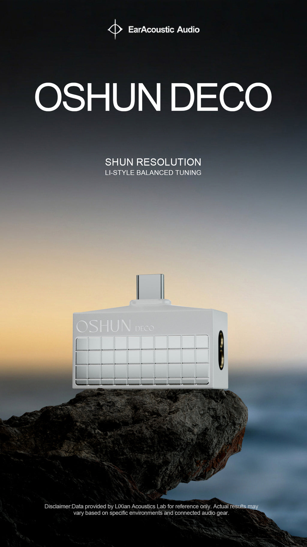 A white Oshun Deco speaker by EarAcoustic Audio is displayed on a dark rock against a sunset sky background. The image features promotional text for the 'Oshun Deco' with 'Shun Resolution' and 'Li-style Balanced Tuning'.