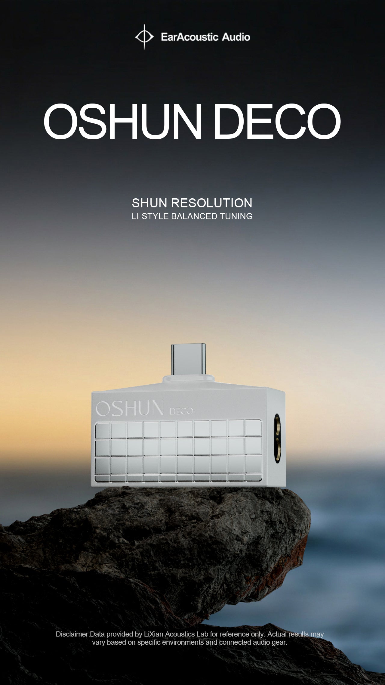 A white Oshun Deco speaker by EarAcoustic Audio is displayed on a dark rock against a sunset sky background. The image features promotional text for the 'Oshun Deco' with 'Shun Resolution' and 'Li-style Balanced Tuning'.