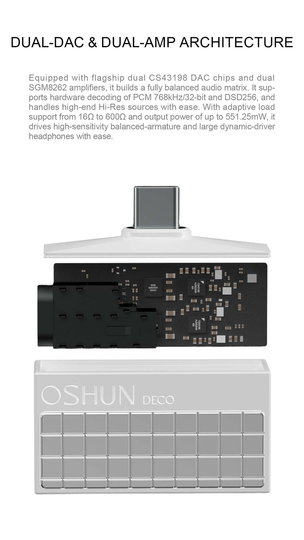 Technical product graphic for an Oshun Deco audio device showing a dual stacked design with a black dual-DAC section and a silver dual-amp section, labeled 'DUAL-DAC & DUAL-AMP ARCHITECTURE' on a white background.