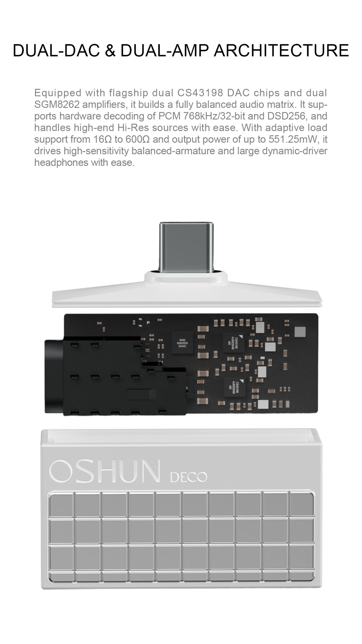 Technical product graphic for an Oshun Deco audio device showing a dual stacked design with a black dual-DAC section and a silver dual-amp section, labeled 'DUAL-DAC & DUAL-AMP ARCHITECTURE' on a white background.