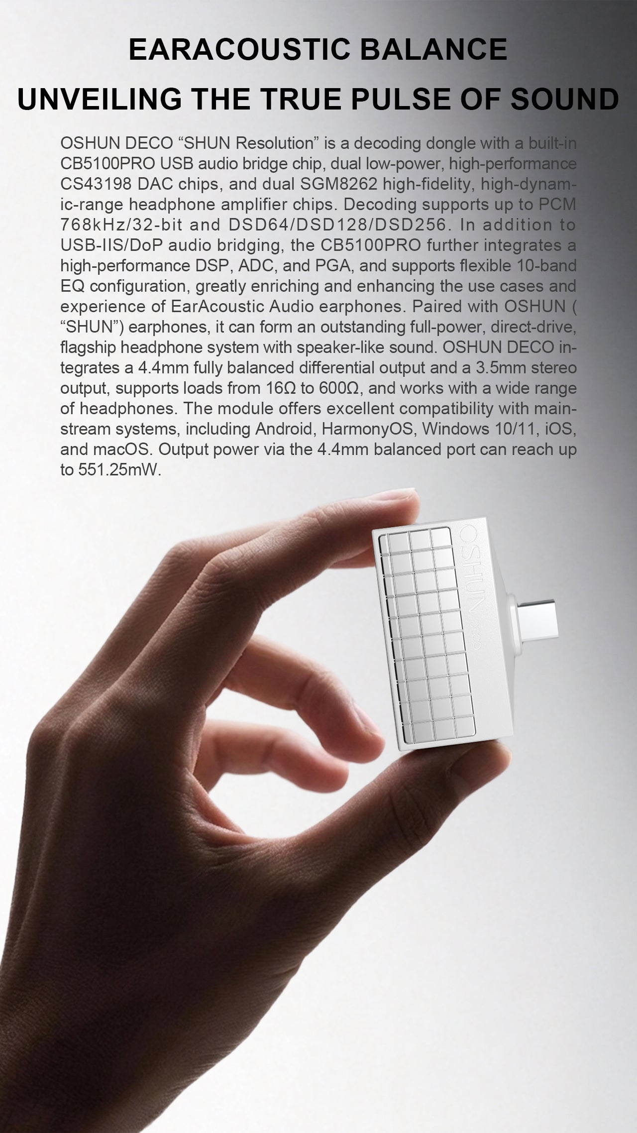 A promotional graphic for the OSHUN DECO 'SHUN' resolution audio module, showing a hand holding two small white rectangular electronic components against a white background with black text explaining its sound decoding capabilities.