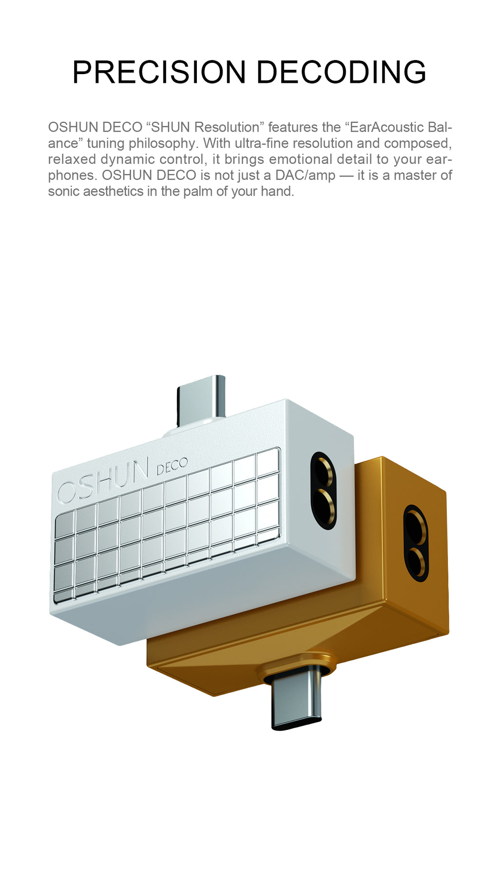 Oshun Deco wireless earbuds shown as a 3D product render on a white background with black text reading 'PRECISION DECODING' and a brand description above.