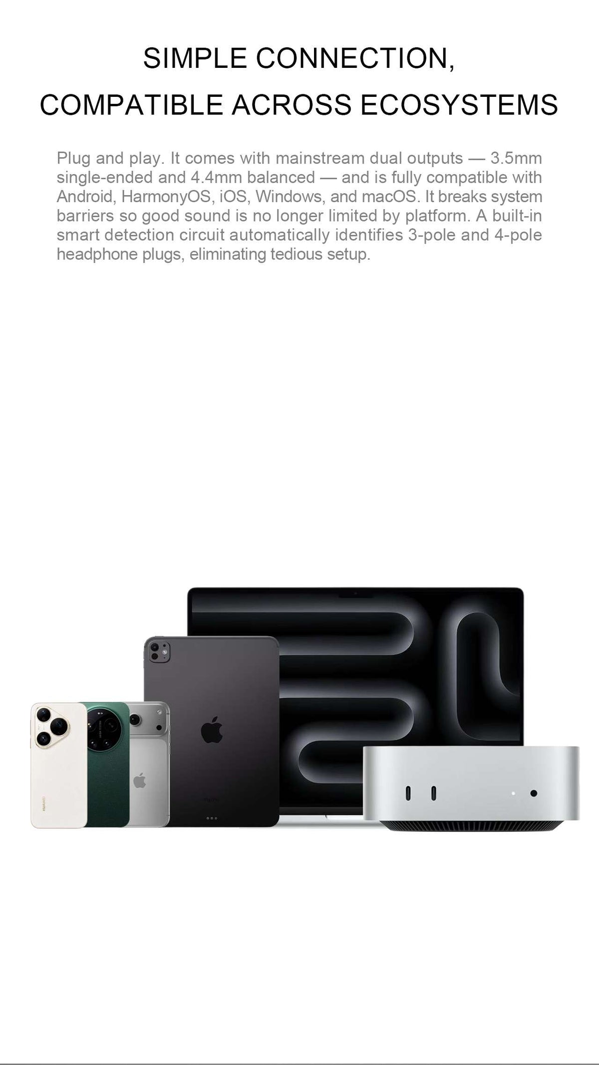 Promotional product graphic for a wireless earbud charging case and earbuds, showing compatibility text at the top and multiple device mockups below on a white background.