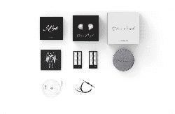 earacoustic audio SPA accessory set with earbud cards, small box, and round gray pouch