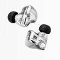 Pair of clear earacoustic genesis G318s earbuds with black tips on a white background