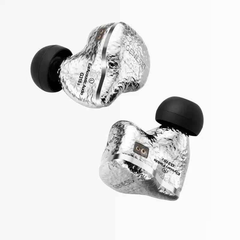 Pair of clear earacoustic genesis G318s earbuds with black tips on a white background