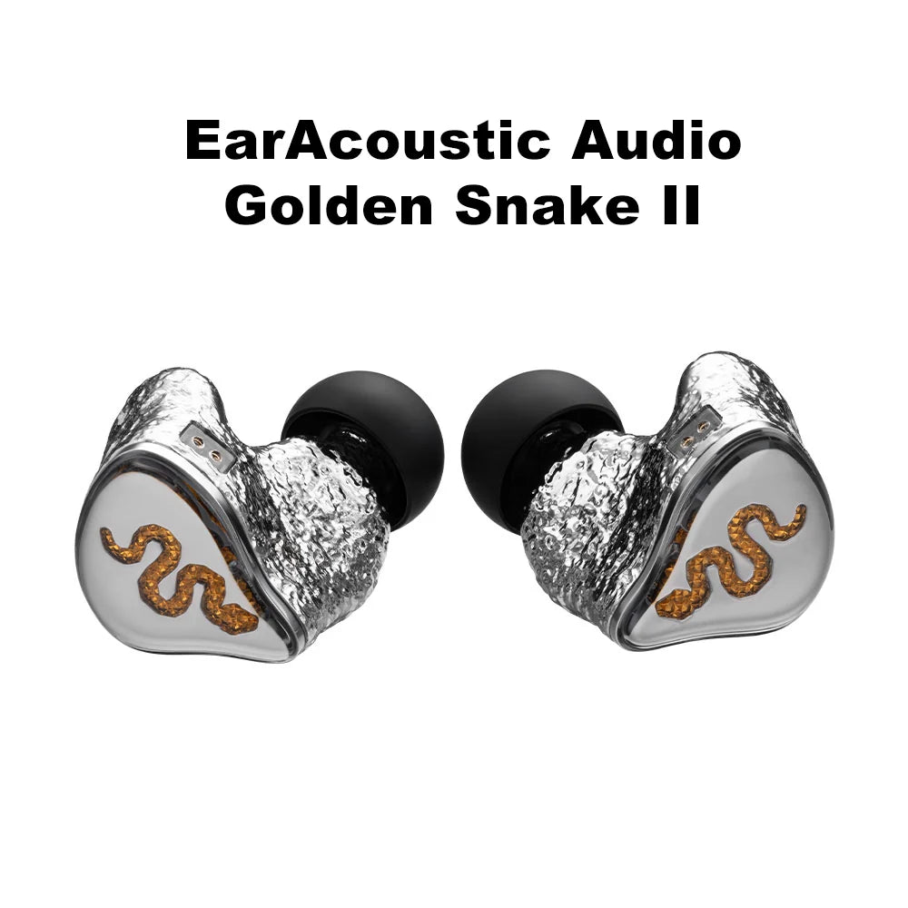 A pair of in-ear monitors labeled 'EarAcoustic Audio Golden Snake II' on a white background. The earbuds feature textured silver outer shells with a gold snake design and black silicone ear tips.
