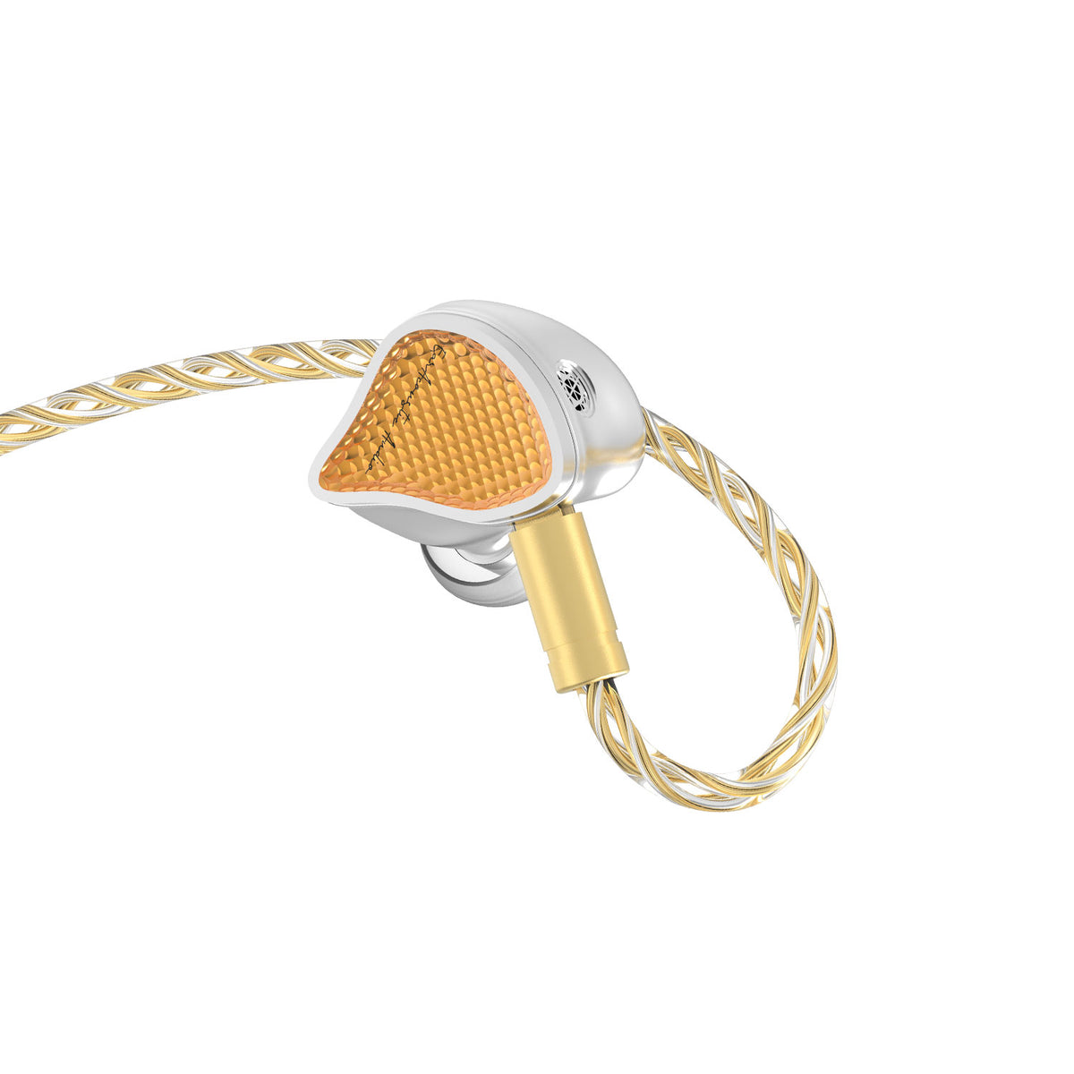 A close-up studio shot of a high-end in-ear monitor (IEM) featuring a gold-plated mesh grille, a polished gold cylindrical connector, and a white outer housing, with a gold-and-white braided cable, set against a solid white background.