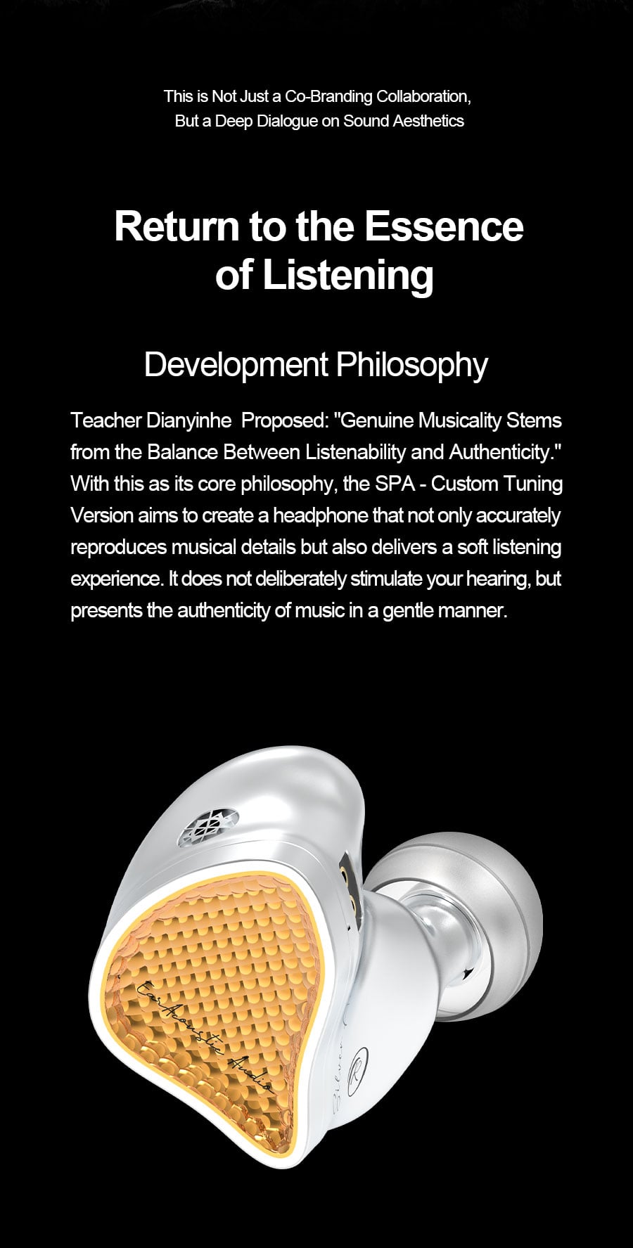 A promotional graphic for the SPA Custom Tuning Version headphone, showing a silver and white earbud with a gold honeycomb-patterned front, set against a black background with white text detailing its development philosophy.