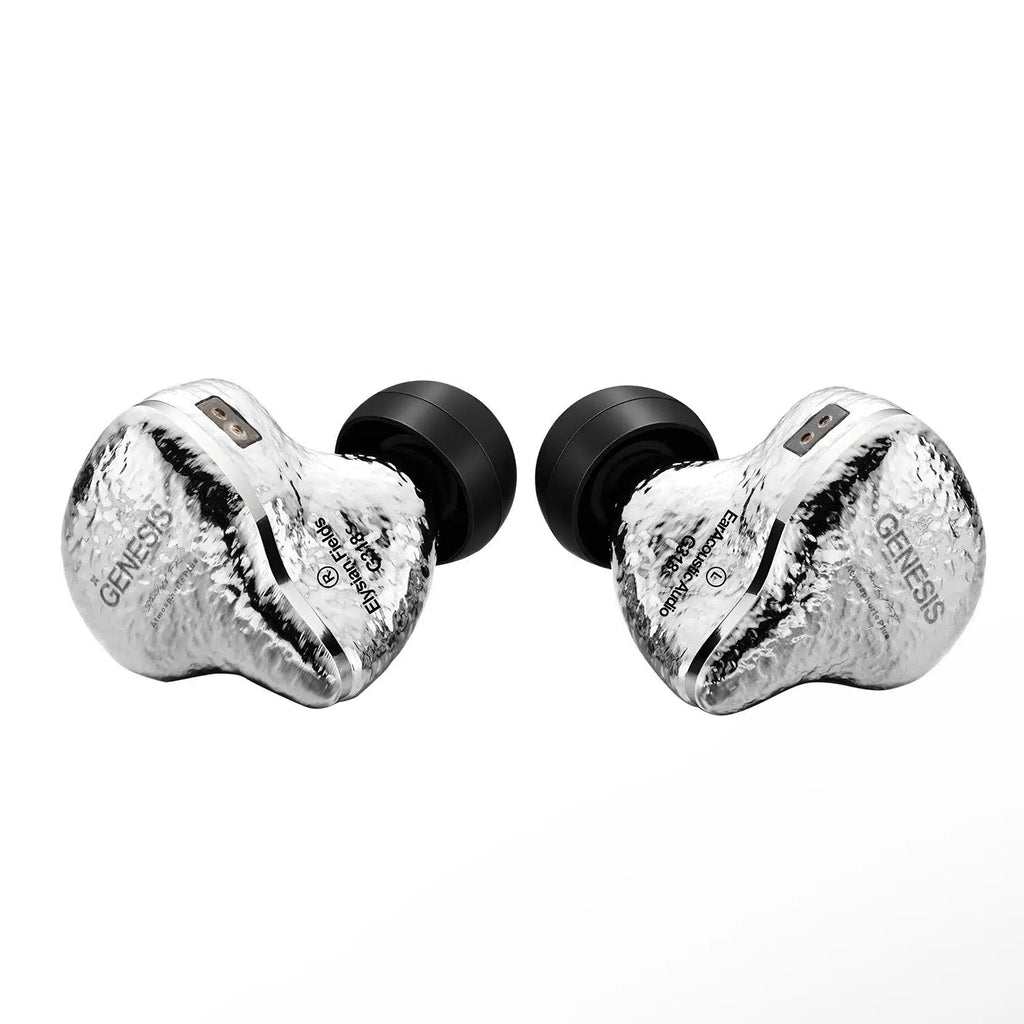 Pair of silver earbuds with black accents on a white background
