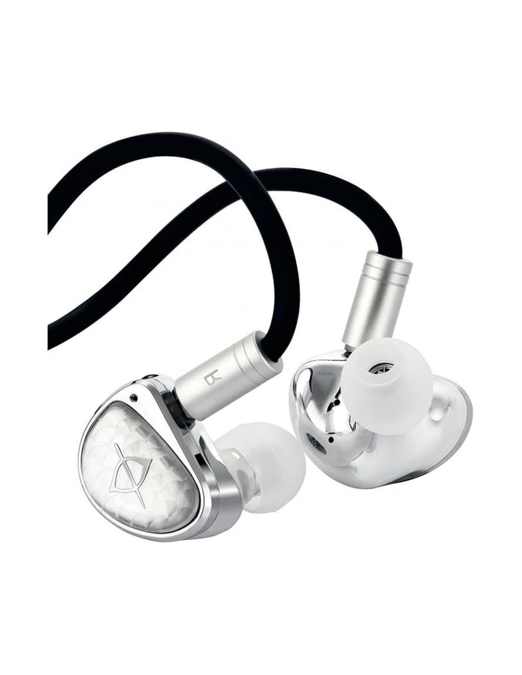 Earacoustics Audio STA-HI END IEM's Silver and black in-ear monitors with a glossy finish, white silicone ear tips, and a black cable, shown on a plain white background.