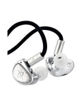 Earacoustics Audio STA-HI END IEM's Silver and black in-ear monitors with a glossy finish, white silicone ear tips, and a black cable, shown on a plain white background.