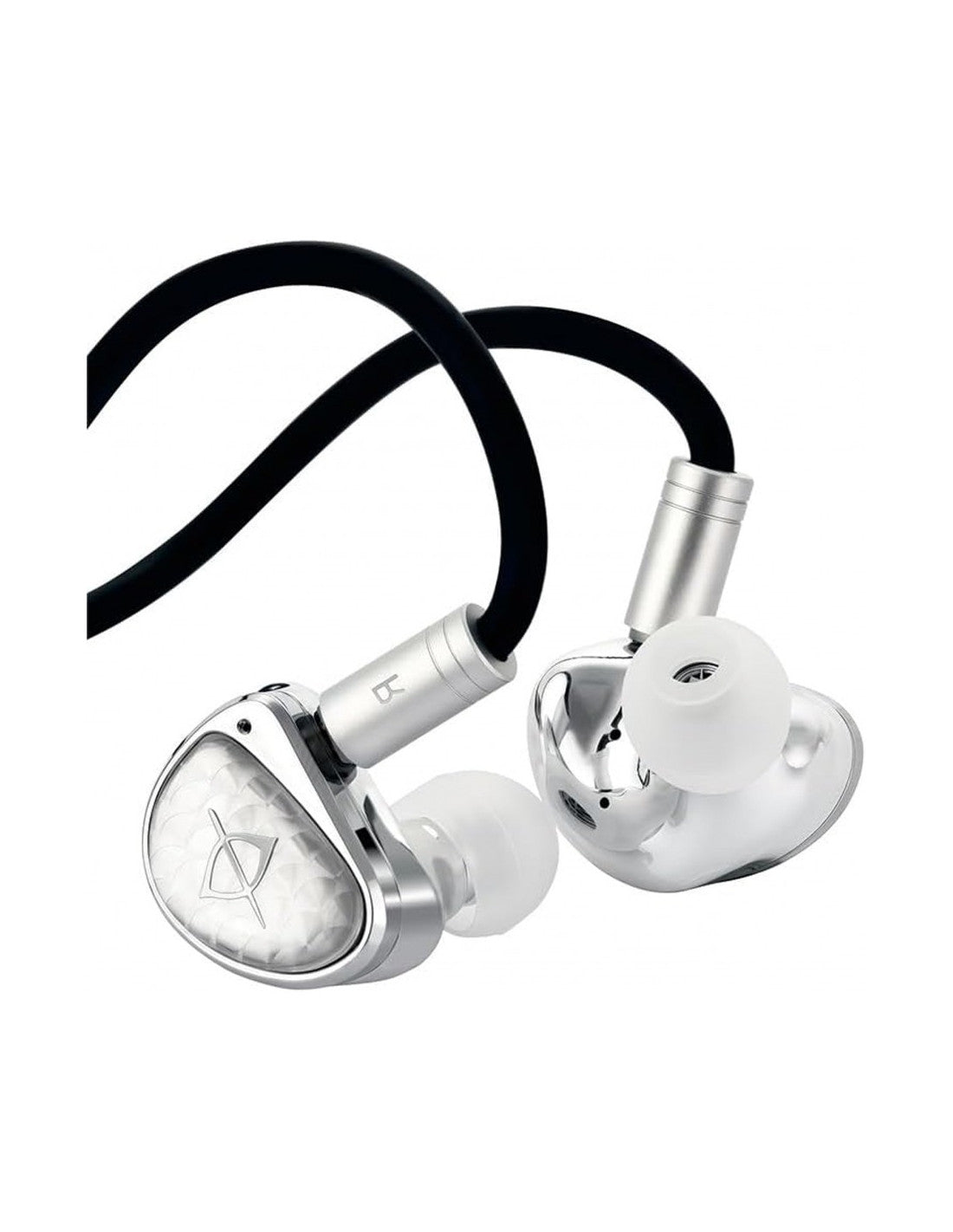 Earacoustics Audio STA-HI END IEM's Silver and black in-ear monitors with a glossy finish, white silicone ear tips, and a black cable, shown on a plain white background.