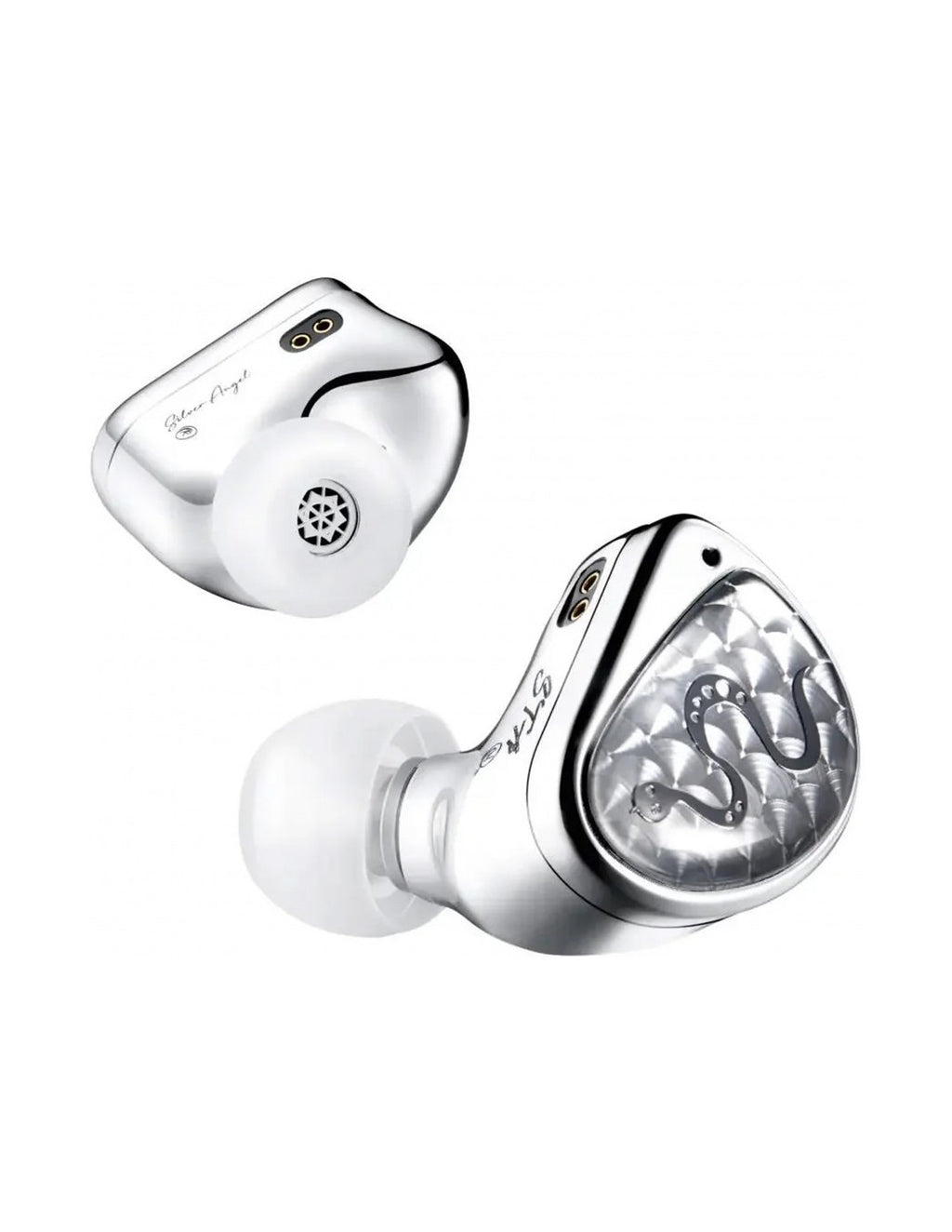 Earacoustics Audio STA-HI END IEM's Two silver 3D audio in-ear monitors with white silicone ear tips, shown from front and side angles on a solid white background.