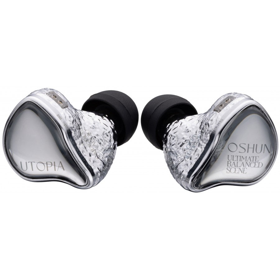 A pair of Oshun Utopia in-ear monitors with textured silver outer shells, black silicone ear tips, and a clean white background.