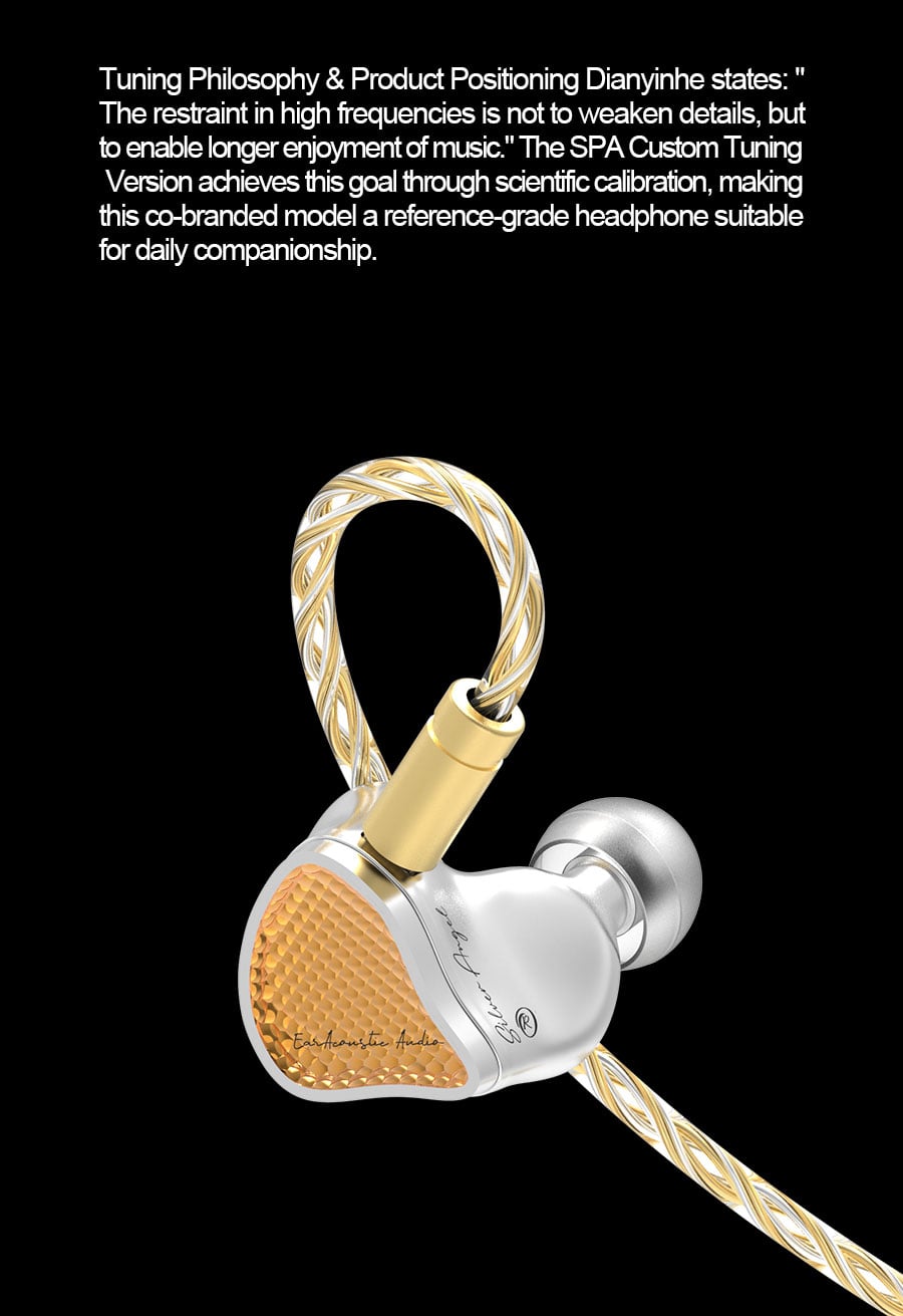 A close-up studio shot of a high-end in-ear monitor earphone on a black background, with white descriptive text above. The earphone has a silver and gold finish with a braided gold cable.