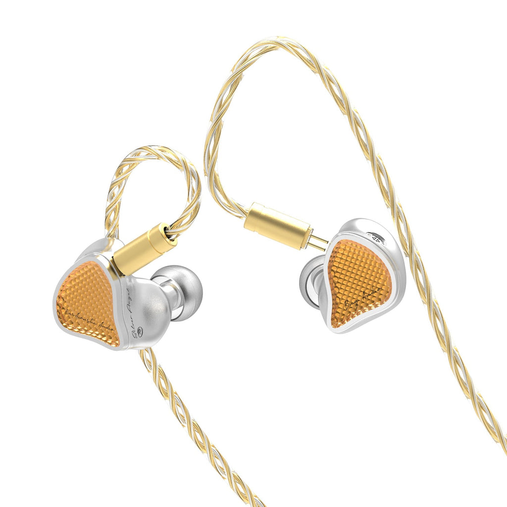 A pair of high-fidelity earacoustic audio in-ear monitors with a silver and gold finish, featuring a braided gold cable on a clean white background.