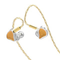 A pair of high-fidelity earacoustic audio in-ear monitors with a silver and gold finish, featuring a braided gold cable on a clean white background.