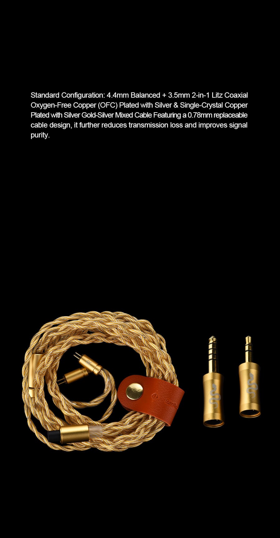 Coaxial audio cable with a braided tan jacket, a small brown leather loop, and two gold-toned plug connectors, shown on a black background with product specifications text above.