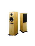 Oak floorstanding loudspeaker pair with dual woofers and tweeter drivers