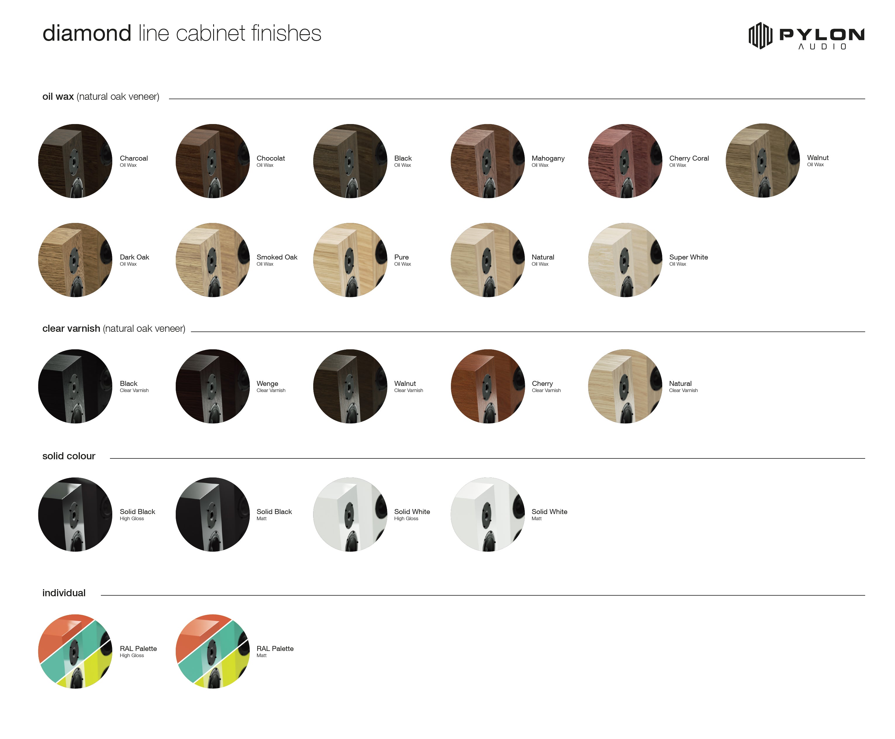 Cabinet finish options chart for diamond line speakers, showing wood and color samples.