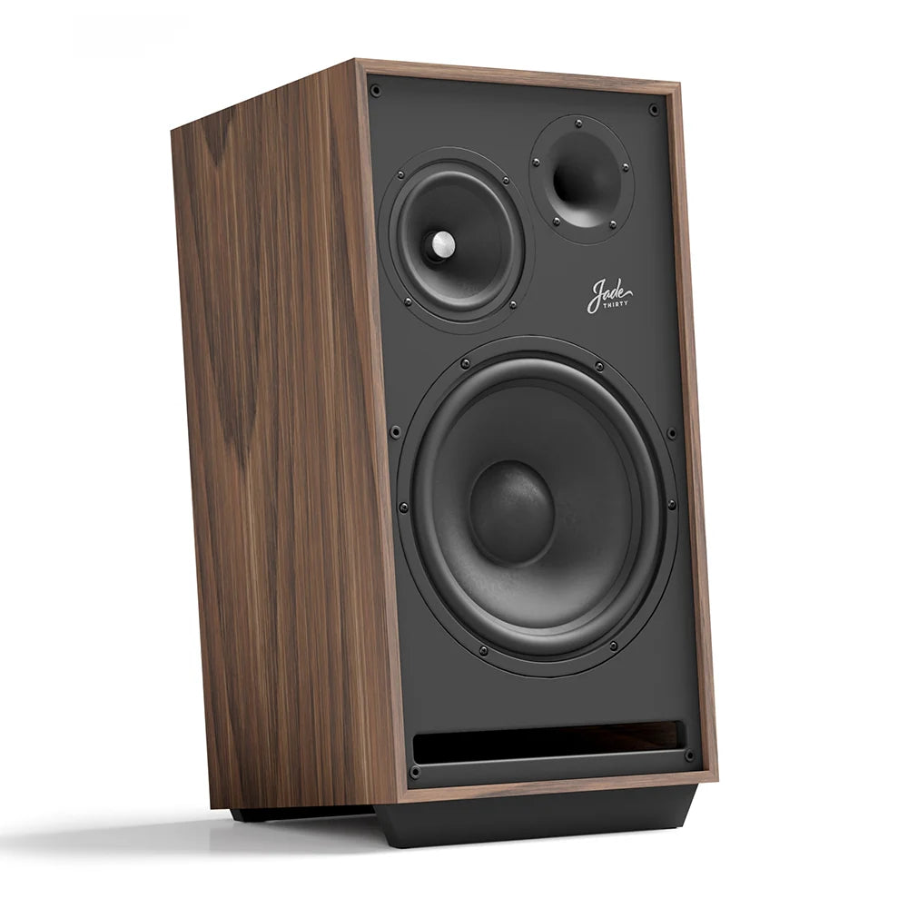 American walnut floorstanding loudspeaker front with woofer and dome tweeter