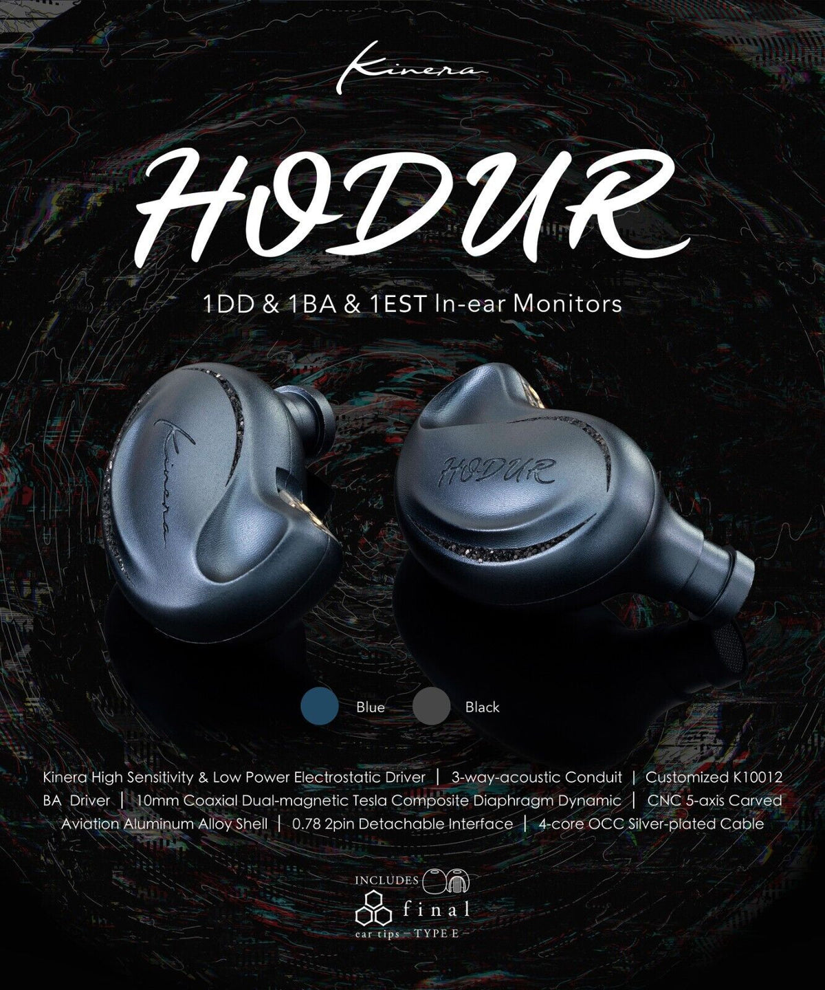 Kinera Hodur in-ear monitors, blue and black earbuds shown together
