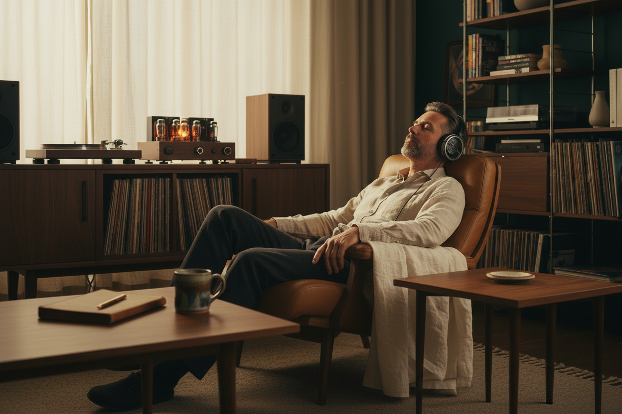 Man with Aune AR9000 headphones
