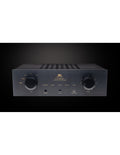 Stereophonic amplifier front view with two large knobs, input jacks, and switches
