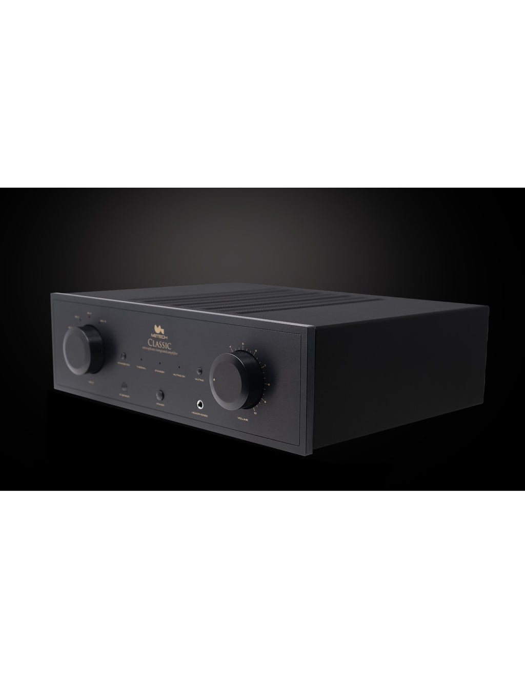 Manunta Classic stereophonic amplifier front panel with two large knobs and controls