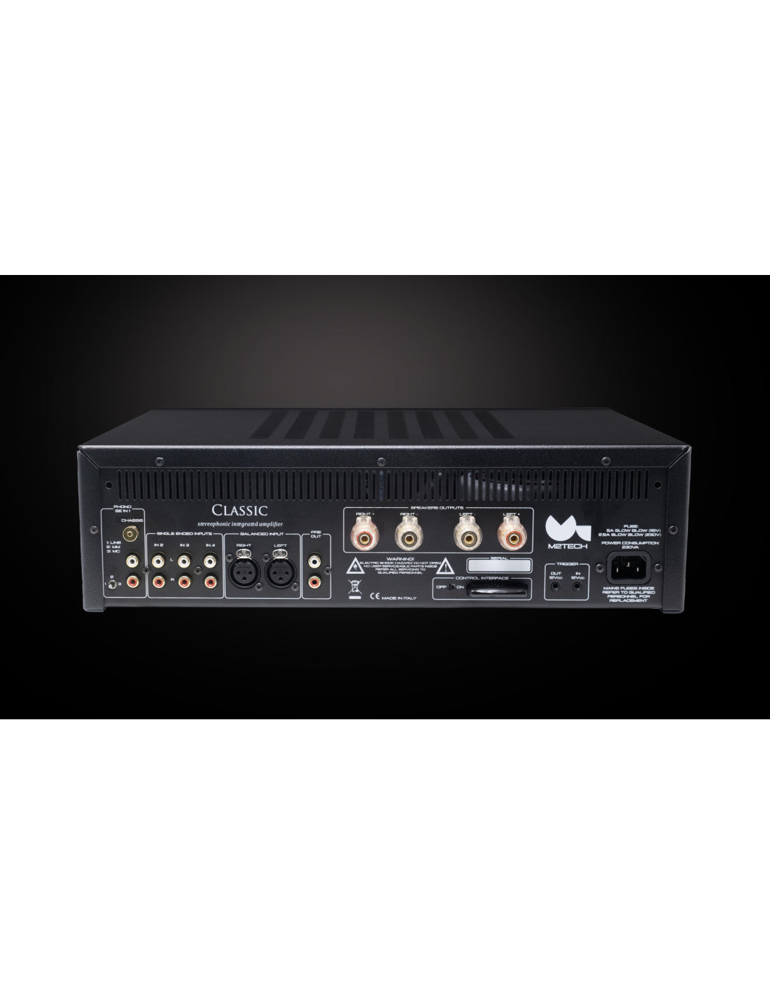 Manunta Classic stereophonic amplifier rear panel with ports and connector controls