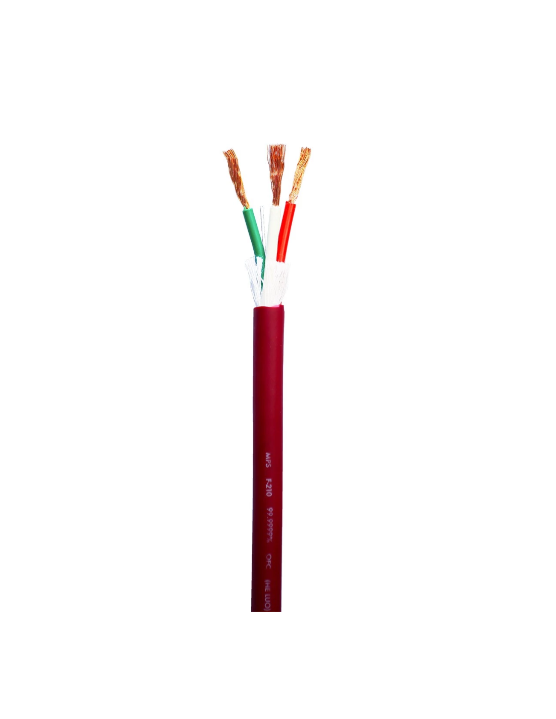Power cable with maroon jacket and three color-coded inner wires at cut end