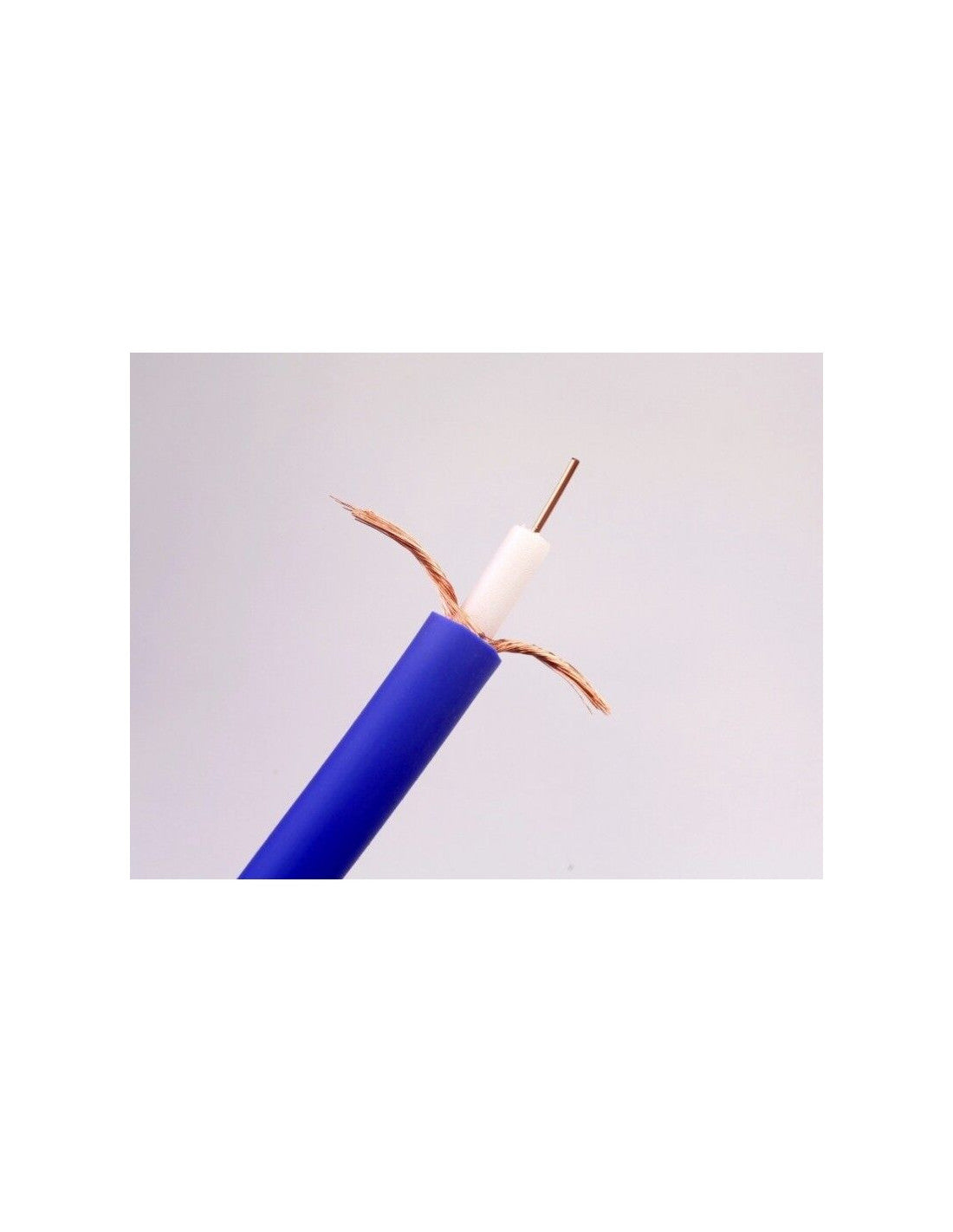 Blue digital coax cable end with copper wires and white inner insulator