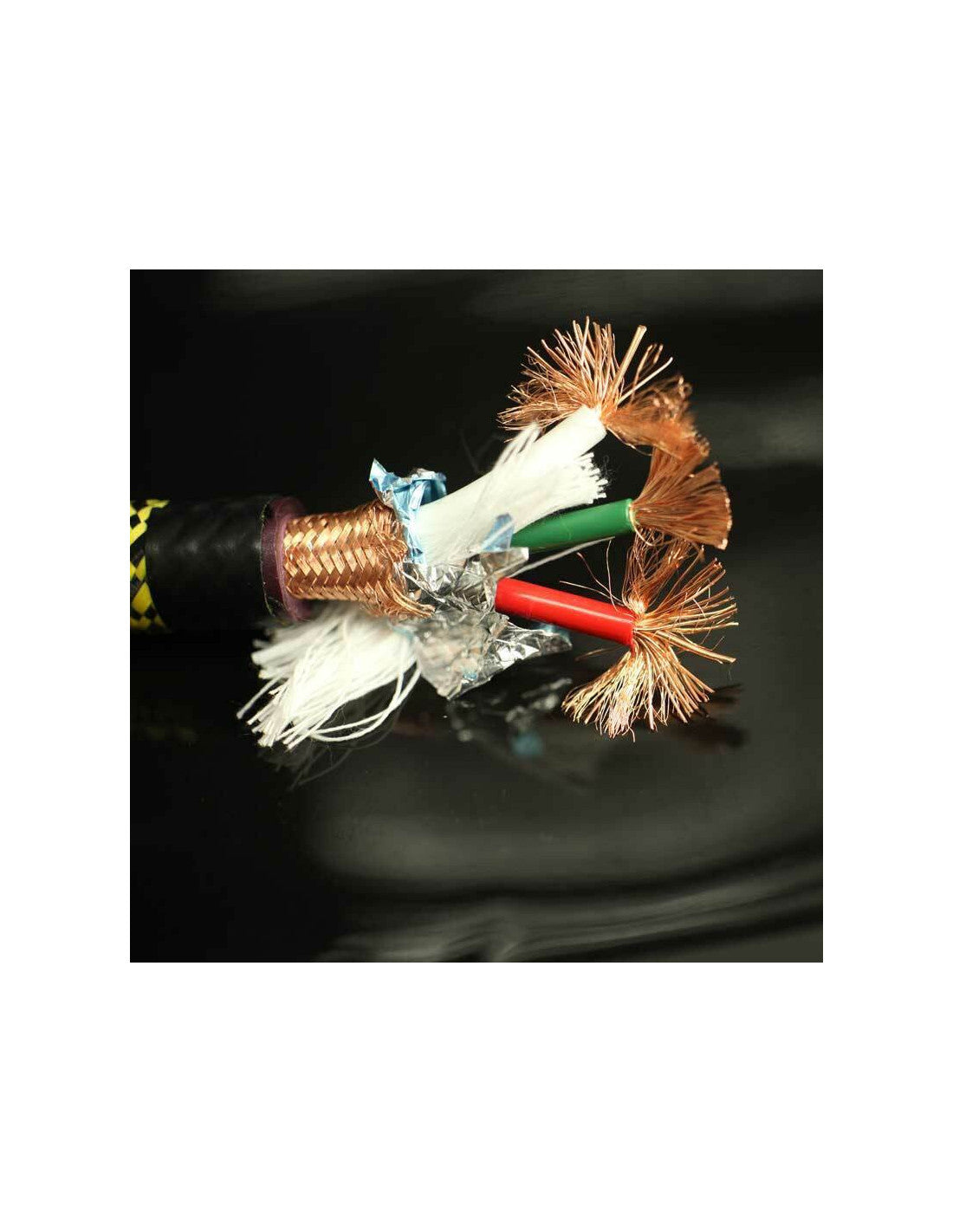 Mains power cable end with exposed copper wire strands and white insulation