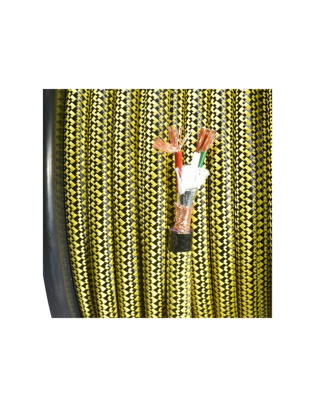 Mains power cable close-up with yellow braided jacket and multi-conductor ends