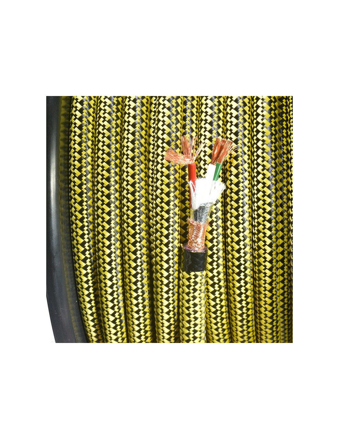 Mains power cable close-up with yellow braided jacket and multi-conductor ends